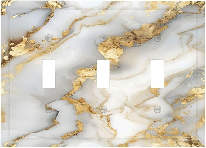 Luxurious White Gold Marble Patterns Abstract Decorative Switch Plates 3 Gang Wall Plate Triple Toggle Light Switch Cover Faceplate Electrical Wall Panels for Bathroom Kitchen Decor