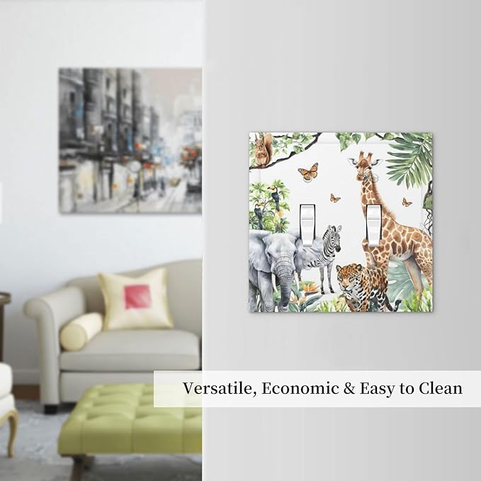 Elephant Giraffe Jungle Animals Leopard Zoo Decorative Switch Plates 2 Gang Double Toggle Outlet Light Switch Cover Wall Plate Electrical Faceplate for Kids Room Nursery Decor