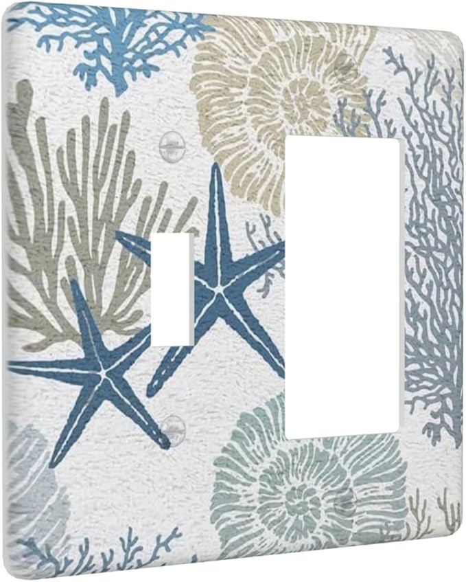 Blue Nautical Beach Coral Starfish 2 Gang Single Toggle/Rocker Combination Light Switch Cover Decorative Combo Wall Plate Cover Electrical Faceplate Room Decor