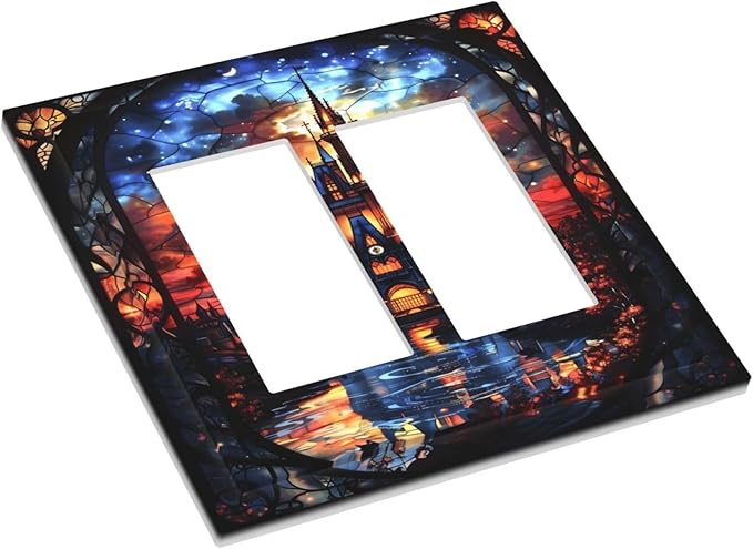 Medieval Fantasy Castle Magic Academy Decorative Outlet Covers 2 Gang Double GFCI Rocker Electrical Wall Panels Light Switch Cover Plate for Kids Room Bedroom Decor