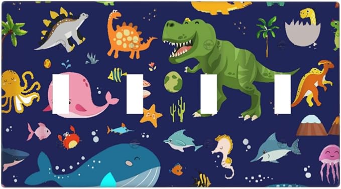 Kids Boys Cartoon Blue/Green Dinasour Ocean Animals Theme Decorative 4 Gang Quad Toggle Light Switch Cover Electric Large Size Marine Starfish Quadruple Faceplate Decorative Switch Face Wallplate