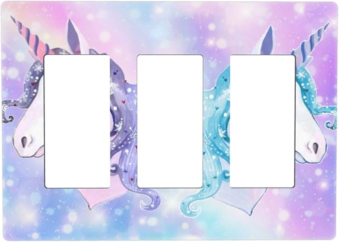 Cute Colorful Purple/Blue/Pink Rainbow Unicorn 3-Gang Rocker/Decorator Wall Plate Kid Girls Girly Dreamy Decorative Screwless Triple Device Light Receptacle GFCI Outlet Switch Faceplate Cover Dimmer