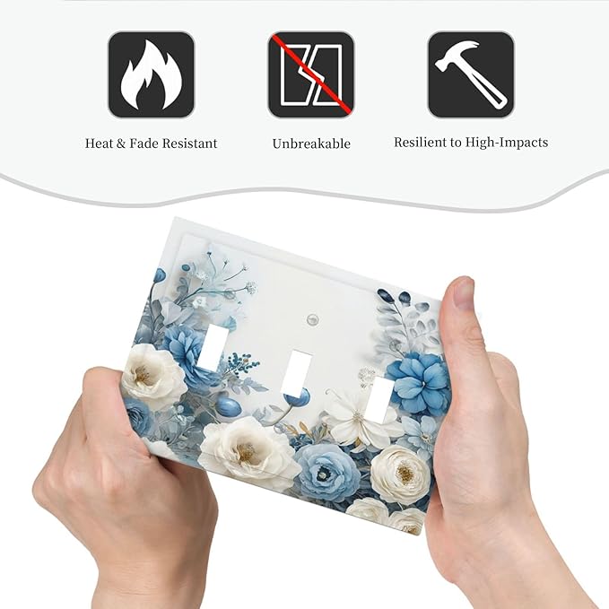 Decorative Light Switch Cover Blue Rose White Flowers Rustic Floral 3 Gang Wall Plate Oversized Triple Toggle Switch Cover Jumbo Electrical Face Plate for Home Decor