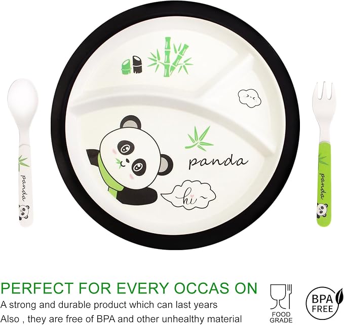 Bamboo Toddler Dinnerware Set,5Pcs Baby Plates and Bowls,Kids Dinnerware Set,Bamboo Kids Plates and Bowls Set,Christmas Kids Dishes Dinnerware Sets with Plate,Bowl,Cup,Fork and Spoon (Panda)
