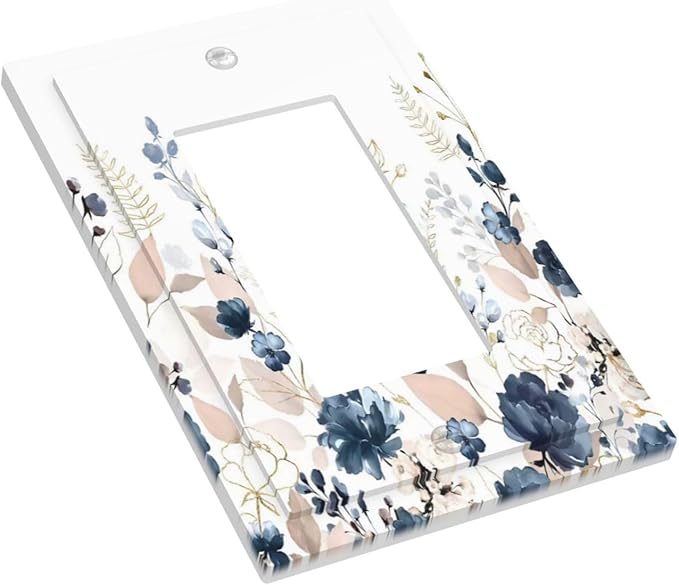 Blue Flora Boho Vintage Flower Golden Leaves Decorative Outlet Covers 1 Gang Single Rocker Light Switch Cover Plate Wall Plates GFCI Faceplate for Bedroom Living Room Decor