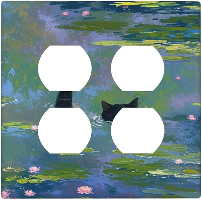 Decorative Light Switch Cover Plate Cute Black Cat Water Lily Pond Watercolor 2 Gang Decorative Switch Plates 1 Toggle Duplex Combo Outlet Covers GFCI Plug Covers Wallplates for Kids Room Nursery