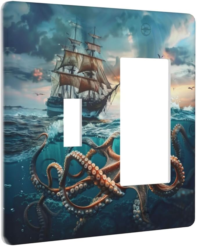Light Switch Cover Plate Sailboat Ship Octopus Ocean Sea Waves 2 Gang Combo Wall Plates Toggle Rocker Decorative Switch Plates and Outlet Covers for Bathroom Bedroom Decor