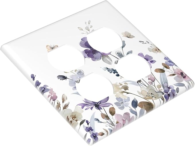 Purple Watercolor Flower Floral Butterfly Outlet Covers 2 Gang Double Duplex Decorative Light Switch Covers Electrical Wallplates Socket Faceplate for Bedroom Living Room Decor