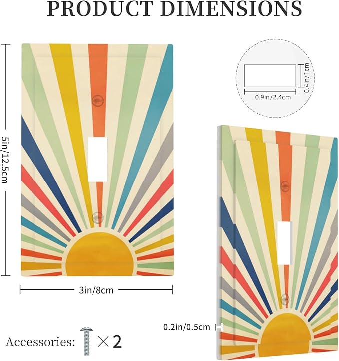 Yellow Retro Boho Rainbow Sun Decorative Single Toggle Wall Plate Outlet Covers 70s Mid Century Abstract Art 1-Gang Sunrise Decorator Light Switch Faceplate Electrical Receptacle Cover Jumbo Size