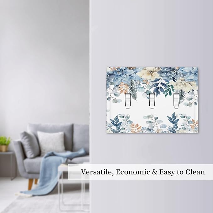 Blue Vine Snowflake Plants Leaves Floral Flowers Decorative Switch Plates 3 Gang Wall Plate Triple Toggle Light Switch Cover Faceplate Electrical Wall Panels for Bedroom Living Room Decor