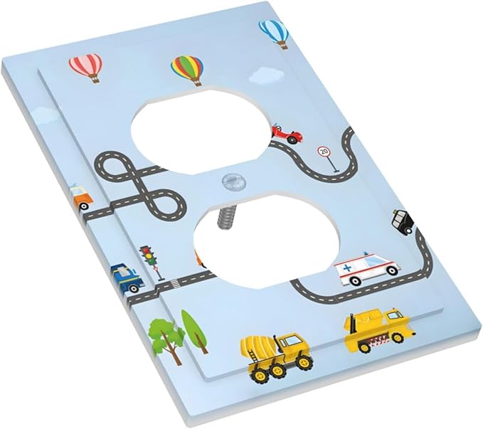 Road Construction Car Truck Hot Air Balloon Outlet Covers 1 Gang Duplex Light Switch Cover Decorative Switch Plates Electrical Receptacle Faceplate Wall Plate for Nursery Kids Room Decor