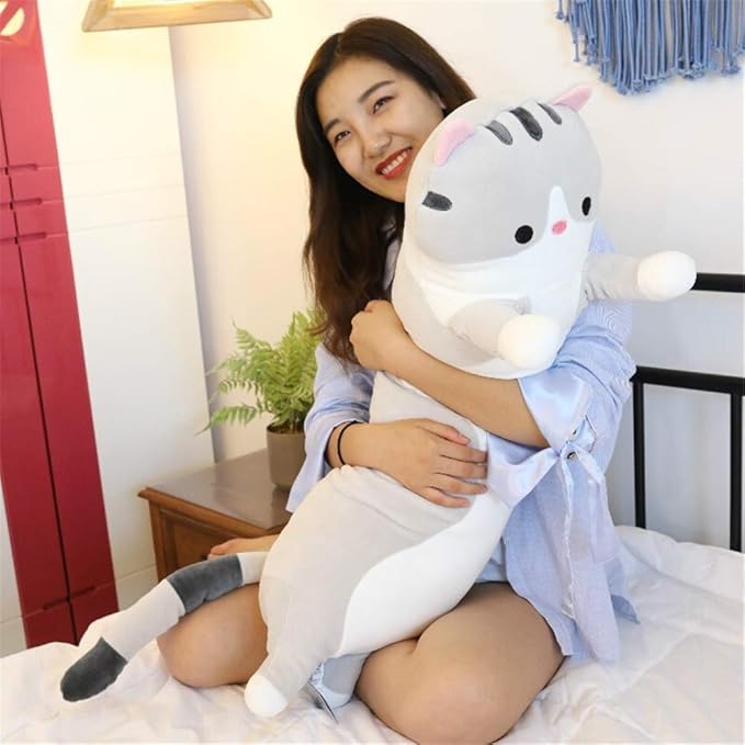 shangman Lovely Plush Cat Doll Cute Cartoon Soft Stuffed Kitten Pillow Long Throw Sleeping Pillow Doll Toy Gift for Kids Girlfriend Multiple Size (Grey,150cm/59in)