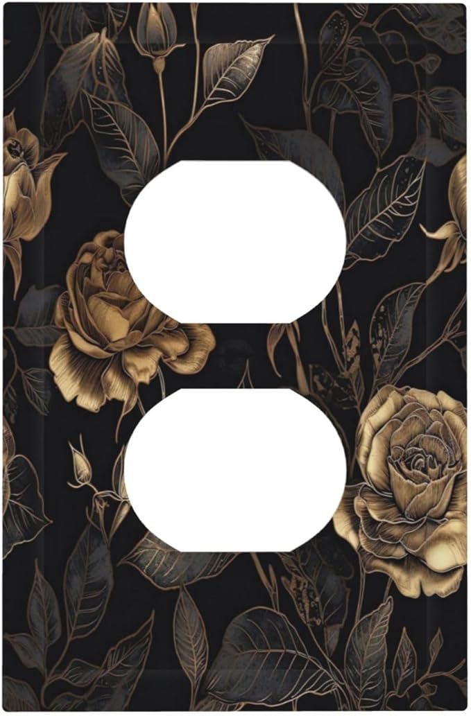 Black Floral Dark Vintage Gold Rose Flower Outlet Covers 1 Gang Duplex Light Switch Cover Decorative Switch Plates Electrical Receptacle Faceplate Wall Plate for Bedroom Living Room Decor