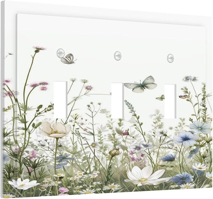 Colorful Wildflowers Daisy Plant Butterfly Floral Decorative Switch Plates 3 Gang Wall Plate Triple Toggle Light Switch Cover Faceplate Electrical Wall Panels for Bed Room Living Room Decor
