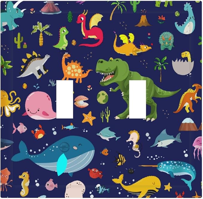 Cartoon Funny Cool Blue/Green Dinosaur Double Toggle Wall Plate Ocean Dolphin Safari Animal Boys Kids Whale Dolphin Decorative 2-Gang Light Switch Cover Electrical Receptacle Outlet Face Plate Cover