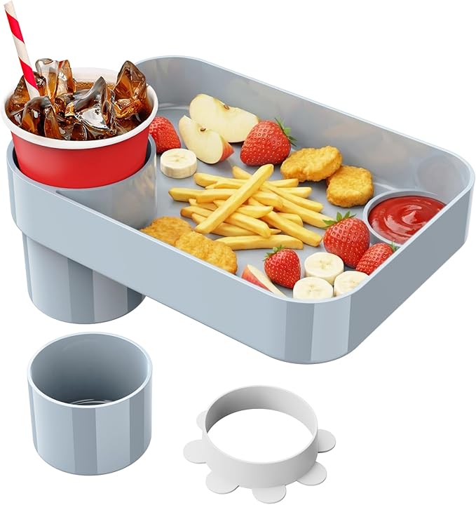 Car Seat Cup Holder Snack Tray for Kids, Reduces Mess, Detachable Large Base & Adjustable Ring, Carseat Tray for Toddler, Car Seat Food Tray Table for Kid Travel Road Trip Essentials -Light Gray