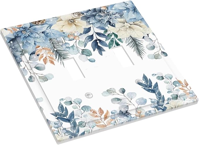 Blue Vine Snowflake Plants Leaves Floral Flowers Decorative Switch Plates 2 Gang Double Toggle Outlet Light Switch Cover Wall Plate Electrical Faceplate for Bedroom Living Room Decor