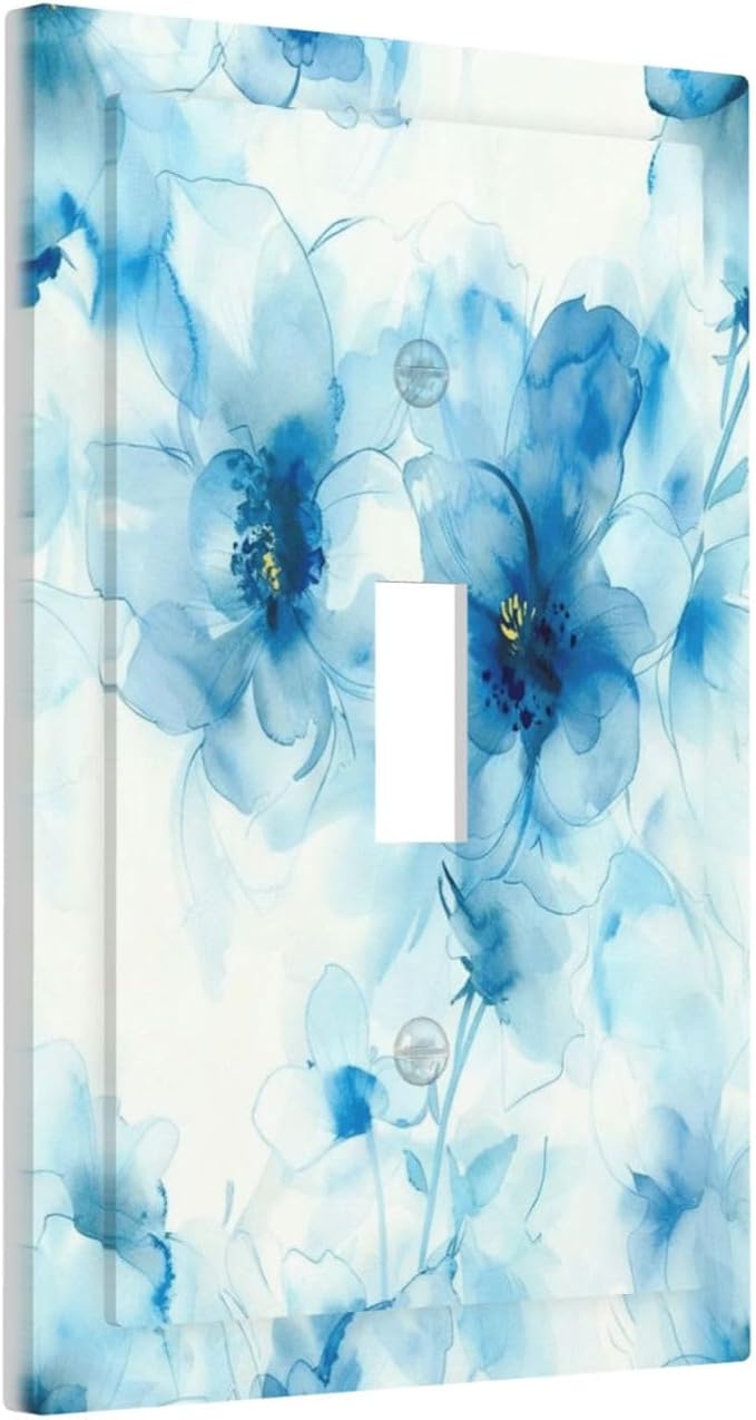 Watercolor Flower Blue White Large Floral Leaf Plants Decorative Light Switch Cover 1 Gang Single Toggle Device Electrical Faceplate Switchplates Decorator Outlet Wall Plate for Bedroom Living Room