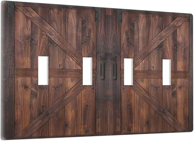 Light Switch Cover Rustic Brown Barn Door Retro Wood Plank 4 Gang Switch Plate Quad Toggle Wall Plates Country Decorative Switchplate Electrical Outlet Cover Plates for Bathroom Home Decor