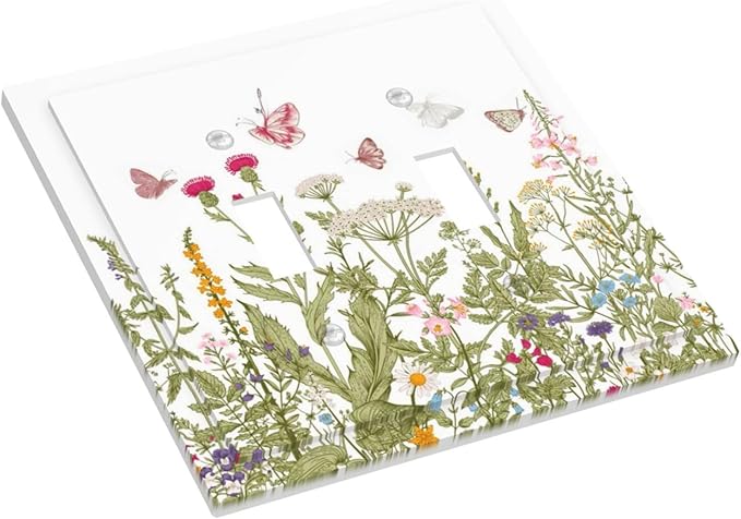 Colorful Butterfly Floral Plants Flower Vine Decorative Switch Plates 2 Gang Double Toggle Outlet Light Switch Cover Wall Plate Electrical Faceplate for Bed Room Living Room Decor