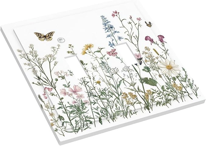 Decorative Switch Plates Rustic Wildflowers Butterfly Colorful Floral 2 Gang Double Toggle Outlet Light Switch Cover Wall Plate Electrical Faceplate For Bed Room Living Room Decor