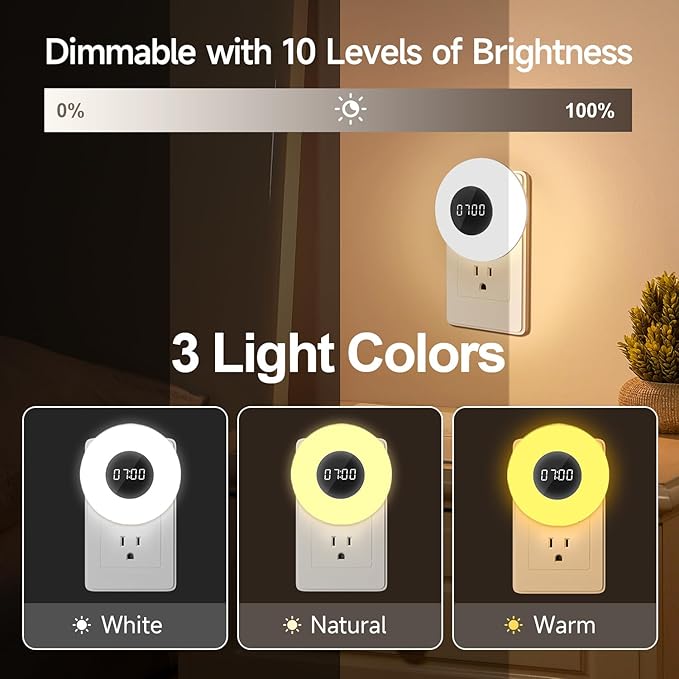 Night Light Clock, Dimmable+3 Light Colors+Timer Nightlight Timing Light, Small Clock, Toilet Light with Plug in Timer, Night Light Plug in, Nightlight for Kids Room, Bedroom Clocks for Kids Room