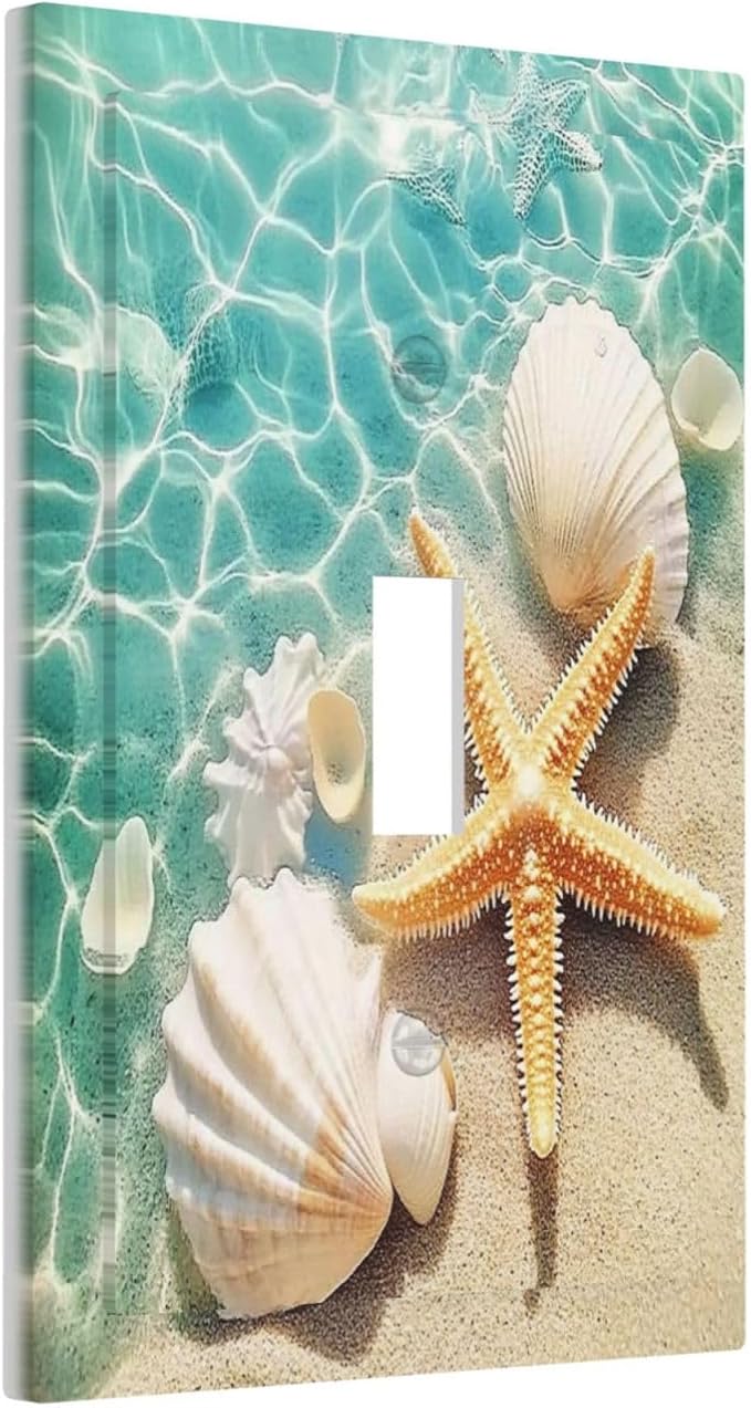 Decorative Light Switch Cover Sea Shells And Star Fish In Ocean Beach 1 Gang Single Toggle Device Electrical Faceplate Switchplates Decorator Outlet Wall Plate For Bathroom Home Decor