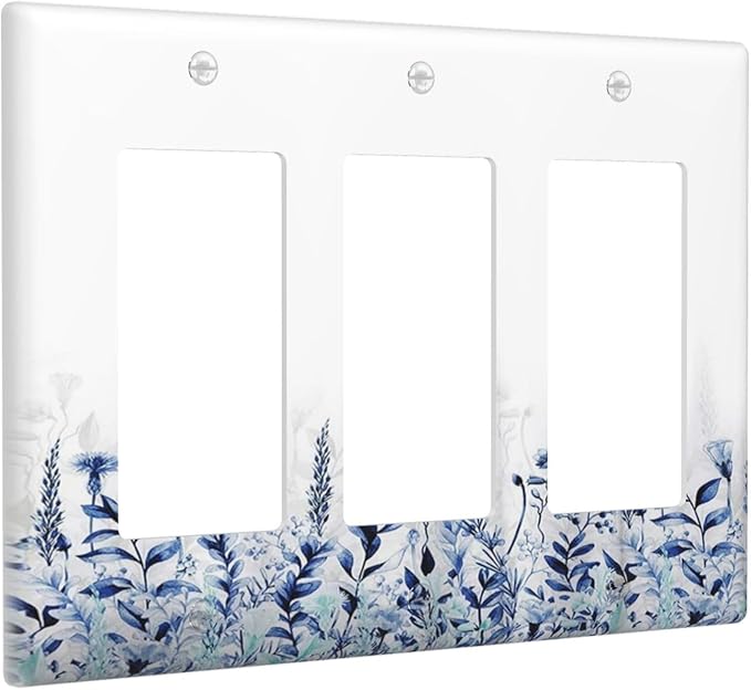 Decorative Outlet Covers Rustic Blue Plants Wildflowers Boho Leaves 3 Gang Wall Plate Cover Triple Rocker Decora Light Switch Covers Plate Jumbo Electrical GFCI Switch Plate Cover