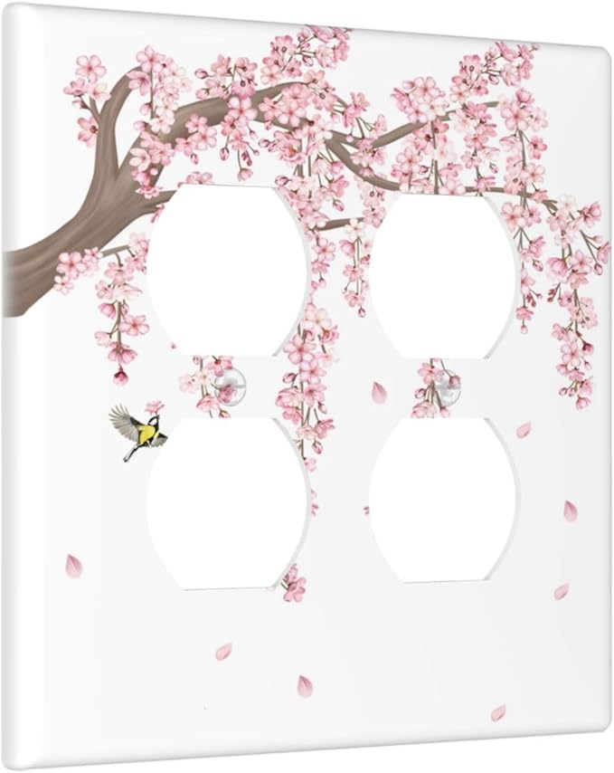 Pink Flower Tree Branch Cherry Blossom Tree Floral Birds Outlet Covers 2 Gang Double Duplex Decorative Light Switch Covers Electrical Wallplates Socket Faceplate for Bedroom Living Room Decor