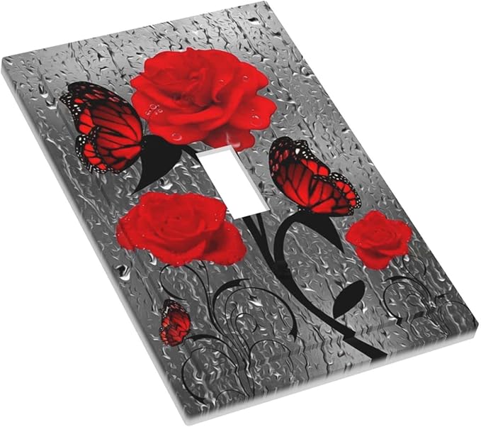 Raindrop Flower Butterfly Red Rose 1 Gang Light Switch Cover Single Toggle Wall Plate Decorative Switchplate Electrical Farmhouse Faceplate Raindrops Floral Girls Kitchen Bathroom Bedroom Decor 5" x 3