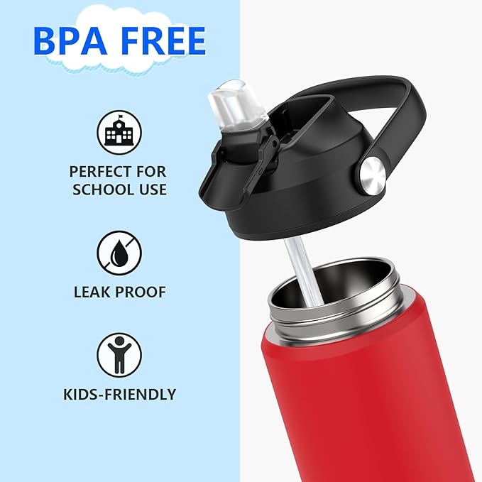 Kids Water Bottle with Straw,18 oz Boys Insulated Cups with Stainless Steel Leak Proof for School,Sport&Travel（Red）