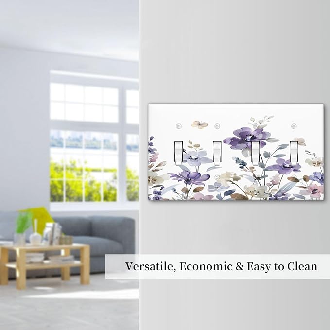 Purple Watercolor Flower Floral Butterfly Light Switch Covers Quad Toggle Electrical Faceplate 4 Gang Wall Plate Decorative Switch Plates Cover for Bedroom Living Room Decor