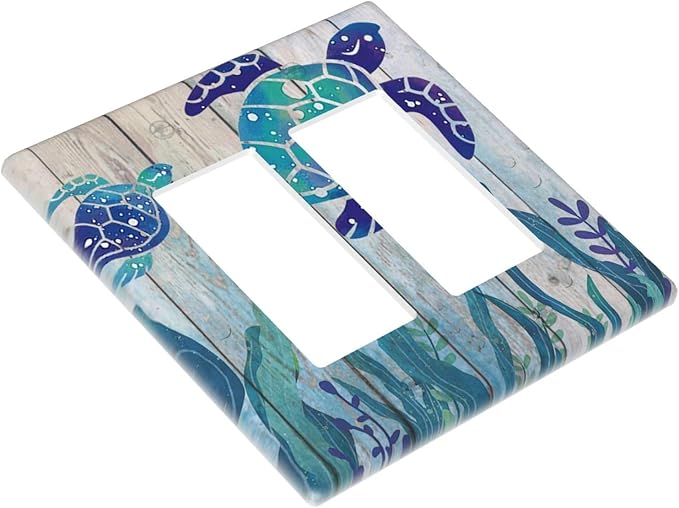 Sea Turtle Grass Seaweed on Rustic Wooden Board 2 Gang Double Rocker/Decora Light Switch Cover Decorative Wallplate Ocean Grass Seaweed Gfci Electrical Faceplate Home Bedroom Art Decor