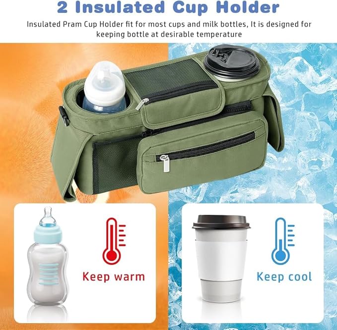 Baby Stroller Organizer, Universal Stroller Organizer with Detachable Phone Bag, Stroller Caddy with 2 Insulated Cup Holders, Buggy Organizer Bag with 2 Hooks Fits Most Strollers (Green)