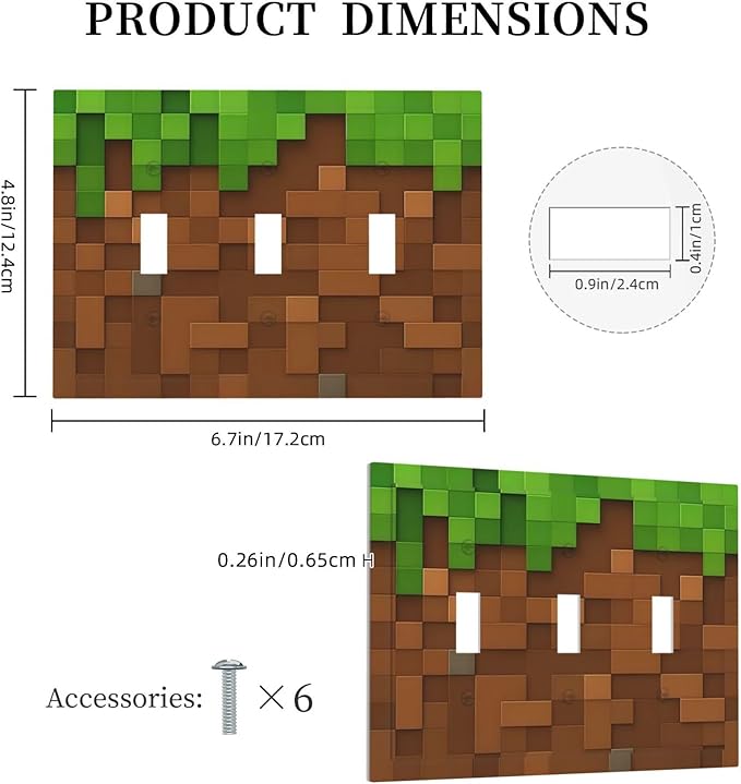 Pixel Style Gamer Themed Grass Block Decorative Switch Plates 3 Gang Wall Plate Triple Toggle Light Switch Cover Faceplate Electrical Wall Panels for Kids Room Office Home Decor
