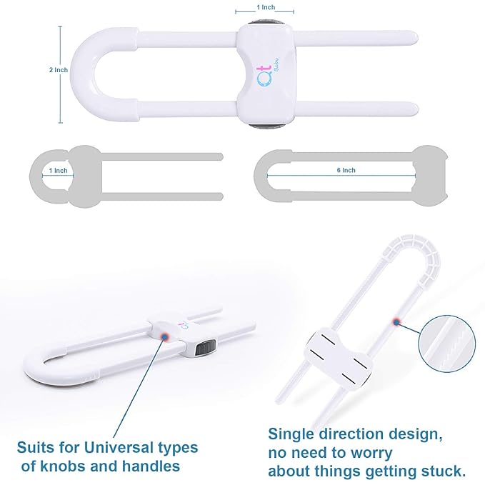 QT Baby - 20 Pack - Baby Proofing Cabinet Locks Adjustable U Shaped Baby Safety Latches for Drawers, Fridge, Closet Modern Baby Proofing Cabinet Lock with Extra Secure Lock Buttons (White)