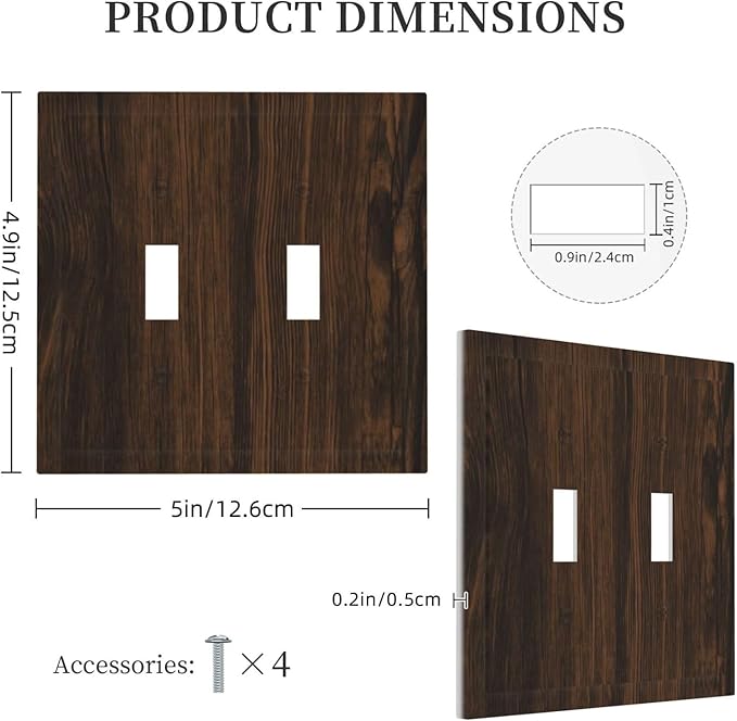 Light Switch Cover Plate Dark Brown Wood Grain Rustic Country Wooden 2 Gang Double Switch Plate Covers Toggle Wallplate Decorative Outlet Covers Electrical Switchplate for Farmhouse Home
