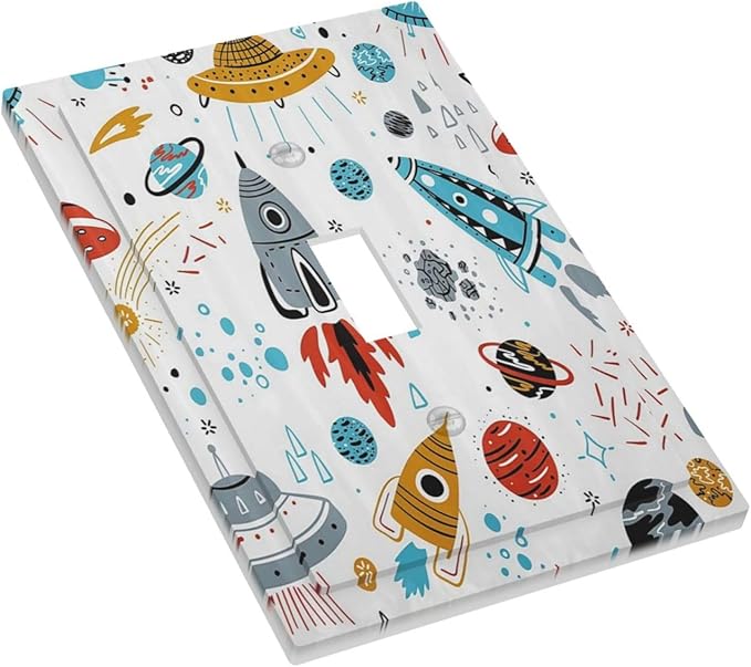 Cartoon Space Rocket Boys Universe Planet 1 Gang Light Switch Covers Decorative Unique Single Toggle Wall Plate Switchcover Electrical Switchplate for Nursery Kidroom Bathroom Bedroom Decor