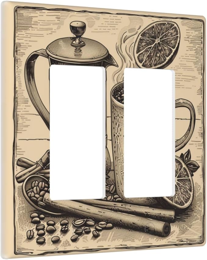 Light Switch Cover Plate Beige Vintage Rustic Coffee Beans Spice 2 Gang Double Rocker Outlet Covers Decorative Switch plates Electrical Wall Plates GFCI Receptacle for Kitchen Coffee Bar Decor