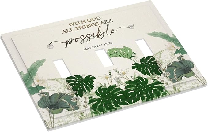 Decorative Light Switch Cover Plate Boho Green Monstera Leaf Inspirational Quotes 3 Gang Wall Plates for Electrical Outlets Triple Toggle Switch Plate Covers Outlet Covers Faceplate