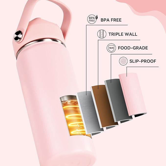 Fijinhom 24oz Insulated Stainless Steel Water Bottle, Wide Mouth Double Wall Vacuum, Silicone Straw, Sweat & Leak Proof, BPA Free Insulated Water Flask for Travel, Keep Cold 24h Hot 12h, Coral Pink