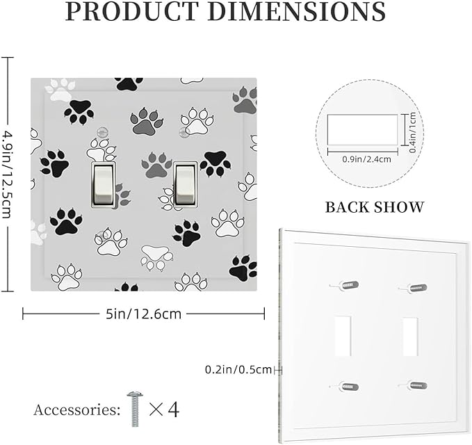 Monochrome Paw Print Double Toggle Switch Cover - 2-Gang Standard US Size Minimalist Dog Lover's Pet Paws Light Switch Covers, Neutral Tone for Pet Owners Decor