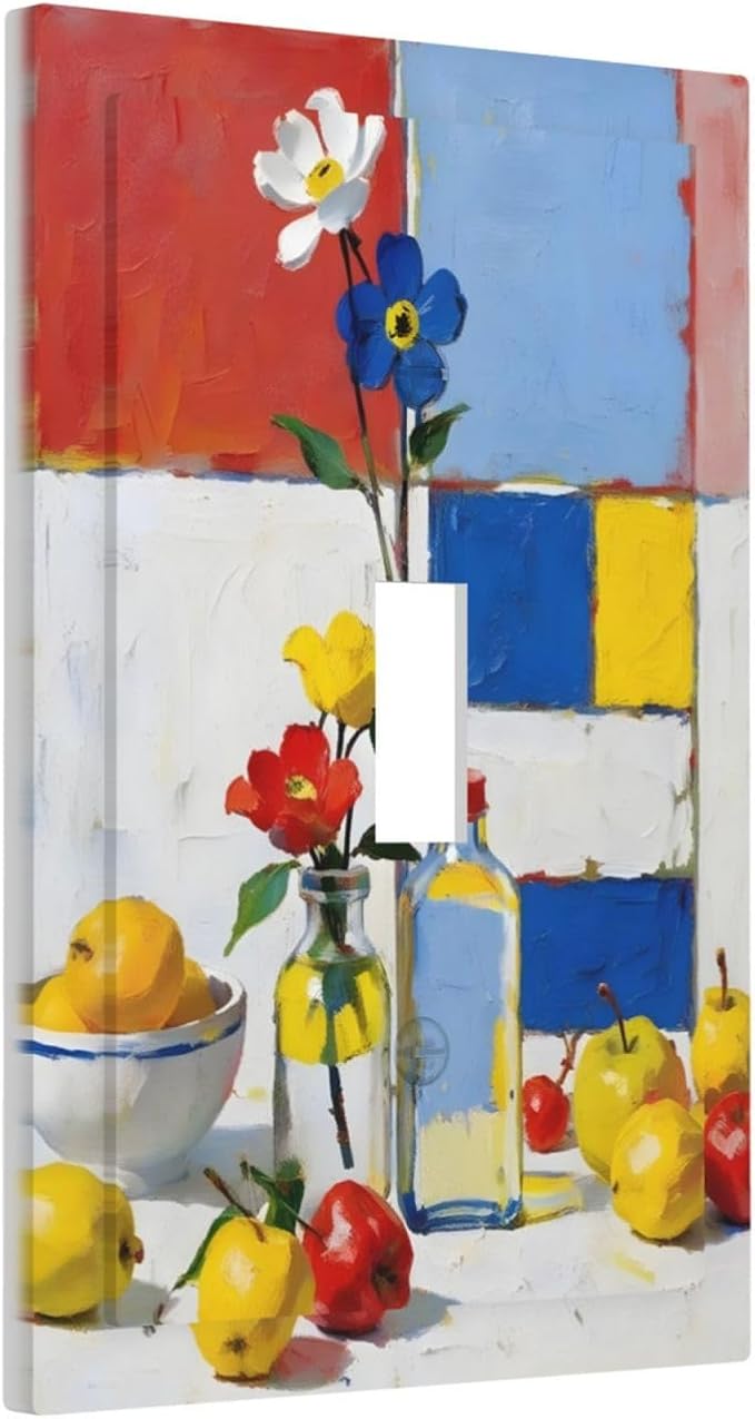 Color Block Floral Still Life Art Red Yellow Blue Abstract Decorative Light Switch Cover 1 Gang Single Toggle Device Electrical Faceplate Switchplates Decorator Outlet Wall Plate for Farmhouse Bedroom