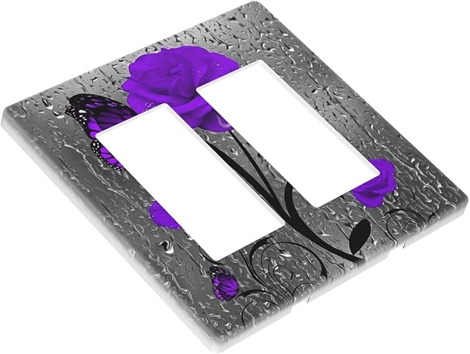 Purple Butterfly Rose Flower 2 Gang Double Rocker/Decor Light Switch Cover Decorative Outlet Wall Plate Electrical Faceplate For Girls Room Bedroom Decorate Screwless 4.7" x 4.6 Large Size