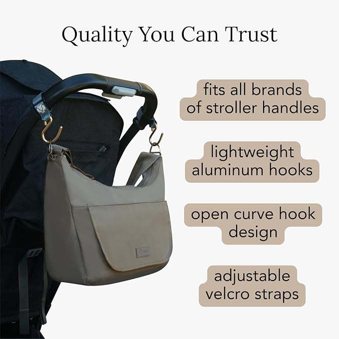 Huhu Essential Stroller Hooks - Lightweight Aluminum Stroller Bag Hook with Adjustable Straps, Matte Gold S-Hooks for Diaper Bag, Shopping, Everyday Essentials – Universal Fit Baby Stroller Accessory