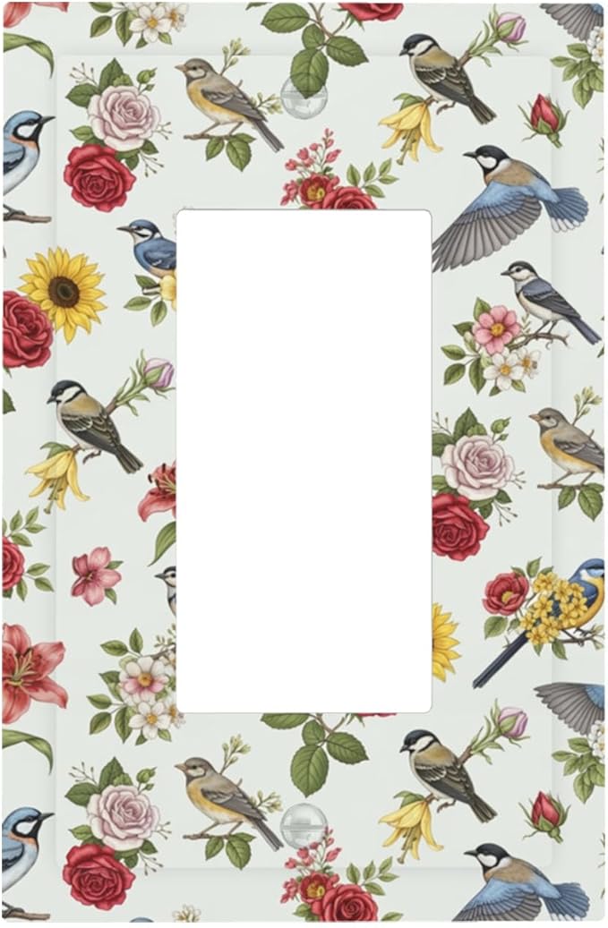 Vintage Birds & Blooms Single Rocker Switch Cover - 1-Gang Standard US Size English Countryside Chintz Light Switch Covers, Botanical Floral & Songbird for Bedroom Decor