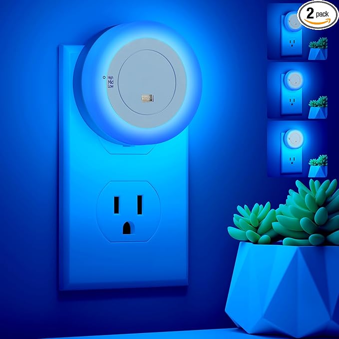 FOLKSMATE LED Night Light, Dimmable Plug-in Dusk to Dawn Sensor Hallway Lights, Smart Nightlight for Bathroom, Bedroom, Adults & Kids Room, Kitchen, Stairway, Blue, 2-Pack