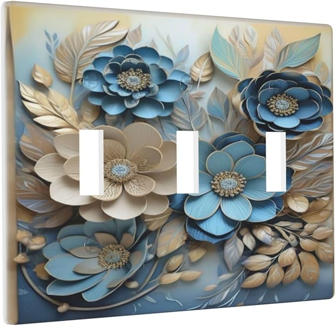 Decorative Art Light Switch Covers Blue and Creamy Floral 3 Gang Triple Toggle Wall Plate Decorative Switch plate Electrical Faceplate for Home Decor