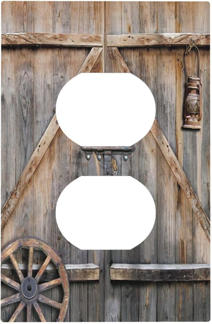 Western Rustic Barn Door Farmhouse Wood Country Garage Cabin Plank 1 Gang Electrical Device Duplex Receptacle Light Switch Outlet Cover Wall Plate Electric Plug Socket Cover Decorative Switchplate