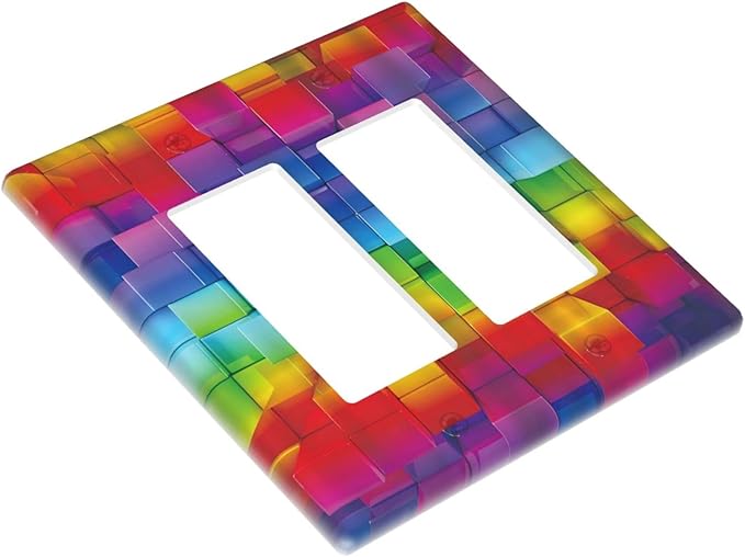 3D Colorful Rainbow Wall Abstract Squre Shaped 2 Gang Rocker Decora Light Switch Covers Decorative Unique Dual Outlet Covers Wall Plate Electrical Faceplate Switchplate GFCI for Kitchen Bedroom Decor